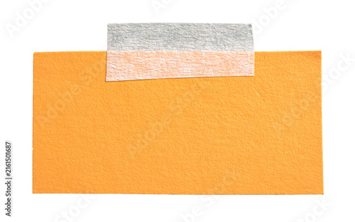 Orange paper note with adhesive sticky tape with copy space for text, isolated cut out transparent png background design element