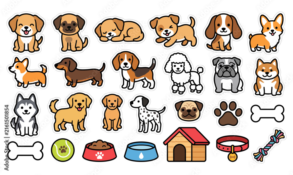 Obraz premium Cute cartoon dogs and pet accessories set