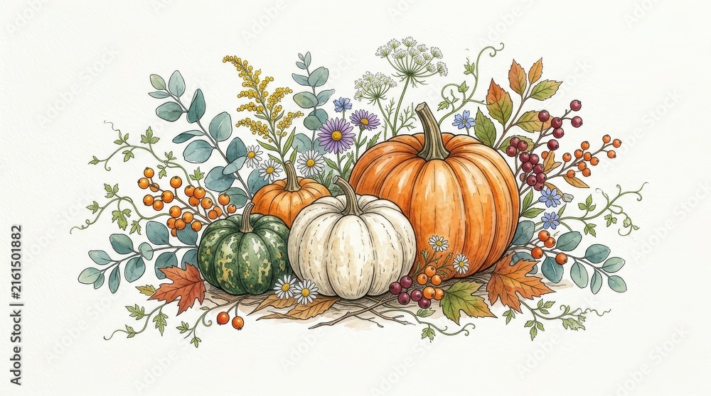 Fototapeta premium Watercolor illustration of autumn harvest with pumpkins, colorful fall leaves, berries, and wildflowers isolated on white background