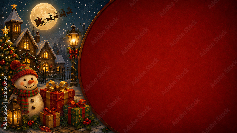 Fototapeta premium Christmas PowerPoint Background with Snowman, Gifts, Winter Village and Red Copy Space