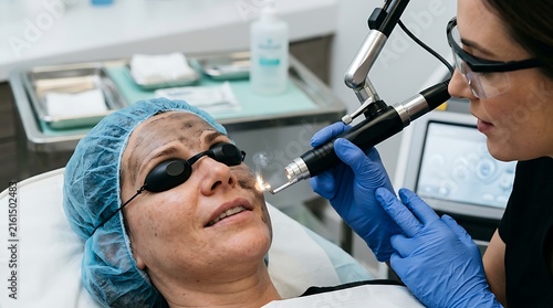Beautician applying a black charcoal face mask to a client in a modern cosmetology clinic during a skincare procedure.