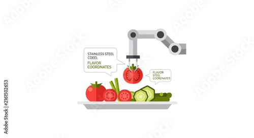 Automated robotic arm preparing fresh salad. Flat vector illustration of AI food technology and smart kitchen automation.