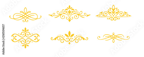 Set of elegant golden vintage decorative flourishes and ornate scroll borders for luxury wedding invitation