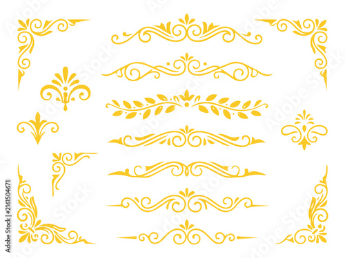 Set of yellow and orange decorative flourishes swirls dividers and corner ornaments for elegant page borders