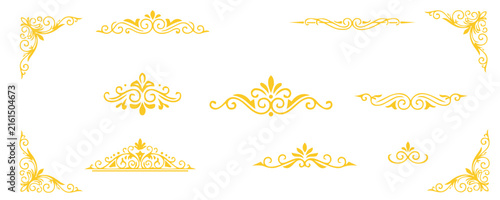 Set of golden vintage ornamental dividers and corner flourishes for wedding invitations and elegant designs