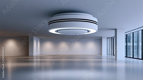 Empty modern office interior with futuristic ceiling light