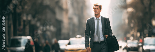 Confident businessman walking in city street during sunny day