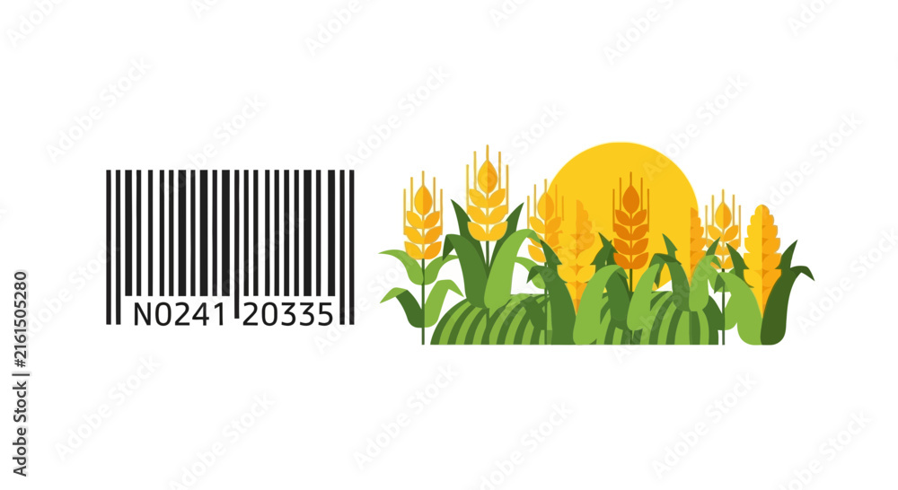 Fototapeta premium Sustainable Agriculture Barcode and Wheat Field Illustration for Food Supply Chain