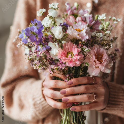 Woman holding a beautiful bouquet of colorful flowers