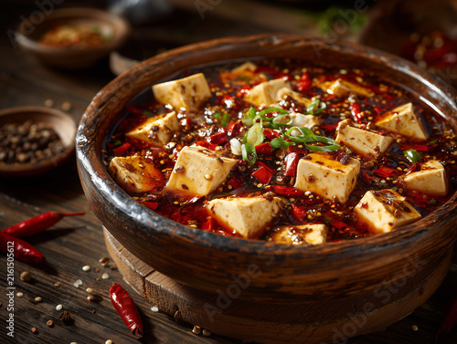 Spicy mapo tofu with chili oil and green onions
