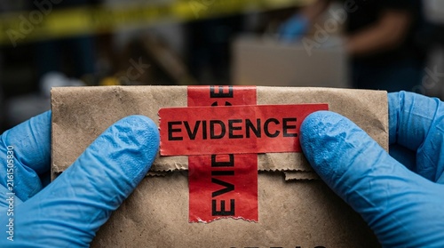 Overhead view of hands in blue nitrile gloves securing a brown paper evidence bag with red evidence tape.