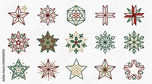 Collection of 15 decorative Christmas star and snowflake icons in red and green colors. Features geometric, floral, and linear folk-style holiday ornaments on white background.