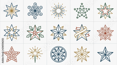 Set of fifteen minimalist vector star icons featuring geometric, celestial, and holiday-themed designs including snowflakes, holly leaves, ribbons, and sunbursts in blue, gold, and red.
