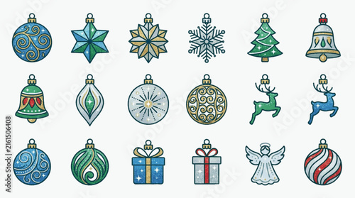 Set of 18 Christmas ornament icons featuring baubles, stars, snowflakes, trees, bells, reindeer, gifts, and an angel in blue, green, and gold glittery flat vector design on white.