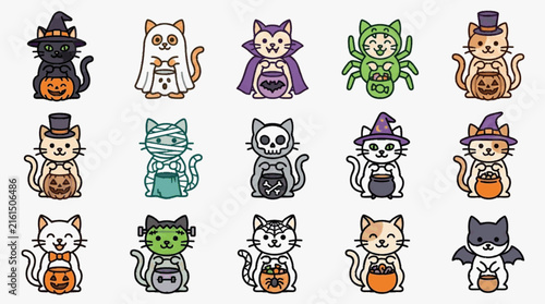 Vector set of fifteen cute cartoon cats dressed in various Halloween costumes including witch, ghost, vampire, spider, mummy, and skeleton, each holding a trick-or-treat bucket.