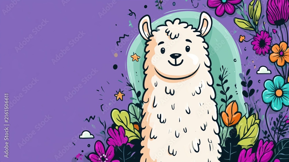 Naklejka premium Cute white llama cartoon character surrounded by colorful flowers on a purple textured background for cheerful nursery poster and children’s decor.