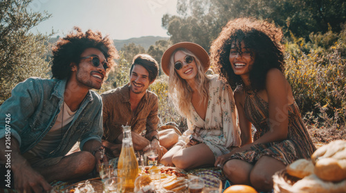 Group of happy friends enjoying picnic together in nature