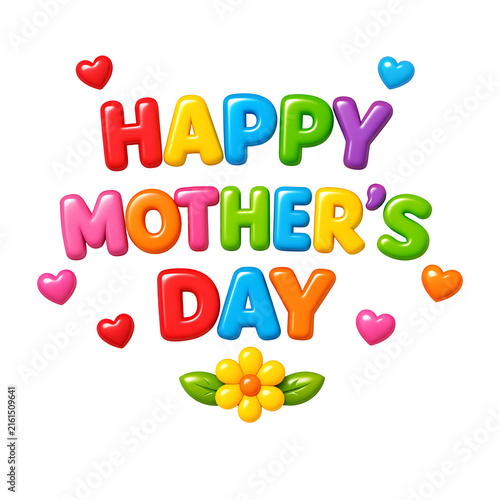 Colorful Glossy Happy Mother's Day Lettering with Hearts and Flower Isolated on Transparent Background