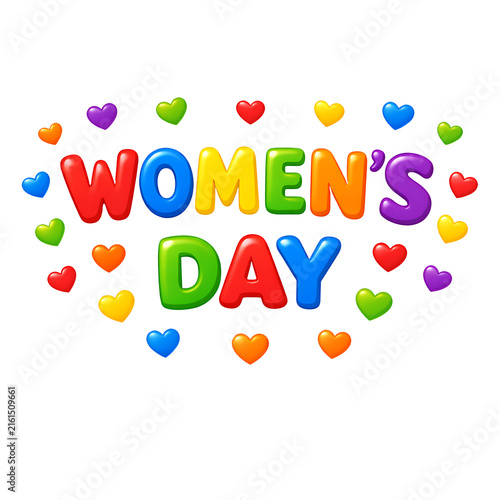Colorful glossy 3D Women's Day text with multicolored hearts isolated on transparent background