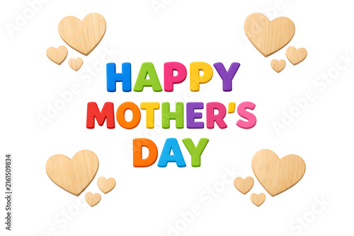 Colorful Happy Mother’s Day 3D text with wooden hearts isolated on transparent background
