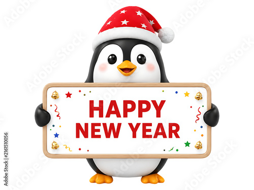 Cute penguin wearing Santa hat holding a Happy New Year sign isolated on transparent background