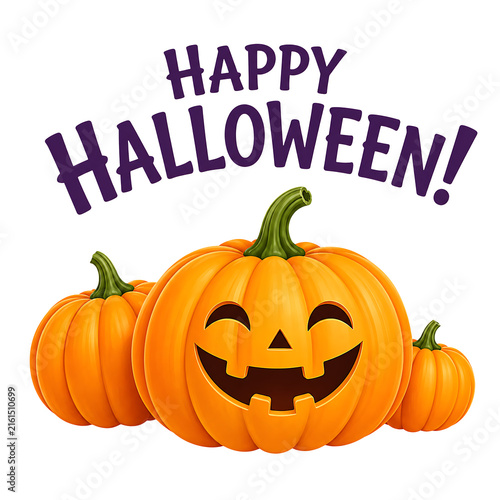 Happy Halloween greeting with smiling jack o lantern pumpkins isolated on transparent background
