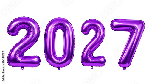 Purple metallic foil number 2027 balloons for New Year celebration isolated on transparent background