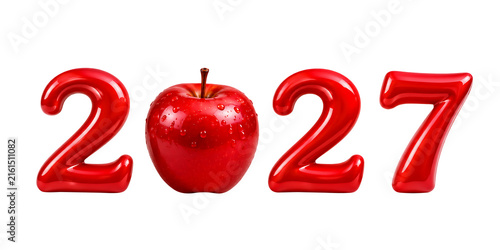 Red glossy 2027 numbers with fresh apple replacing the zero isolated on transparent background