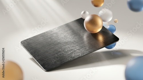 Black metal credit card floating with glossy 3d spheres around it