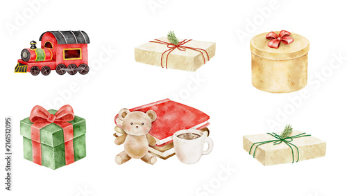 Watercolor Christmas toy set with a red train, teddy bear, toy blocks, gifts, wooden drum and cup, suitable for children cards, nursery decor, invitations, posters and holiday crafts.