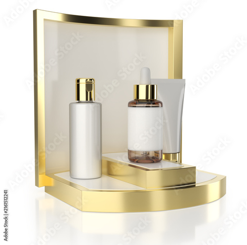 Cosmetic countertop advertising display stand with skin care products. 3d illustration on white background