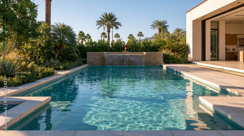 Fototapeta premium Contemporary Outdoor Living Area with Calm Water and Open Patio