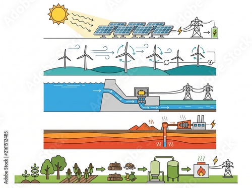 Renewable energy sources infographic showing solar wind hydro geothermal and biomass power generation with renewable geothermal generation infographic electricity sustainable environment