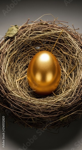 A single shimmering golden egg sits in the center of a rustic bird nest made of dry twigs and hay, glowing under soft, warm studio light, rustic, glimmering, precious