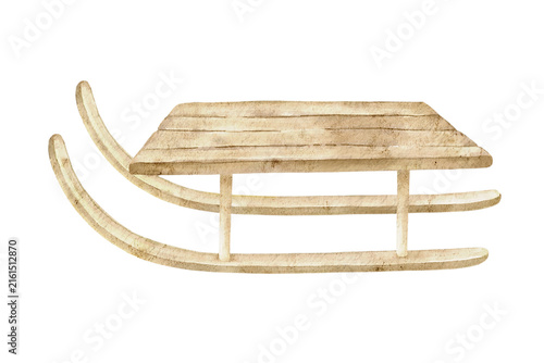Watercolor Christmas illustration of a wooden sled with curved runners, suitable for holiday cards, children's stationery, nursery decor, winter invitations, posters, wrapping and crafts.