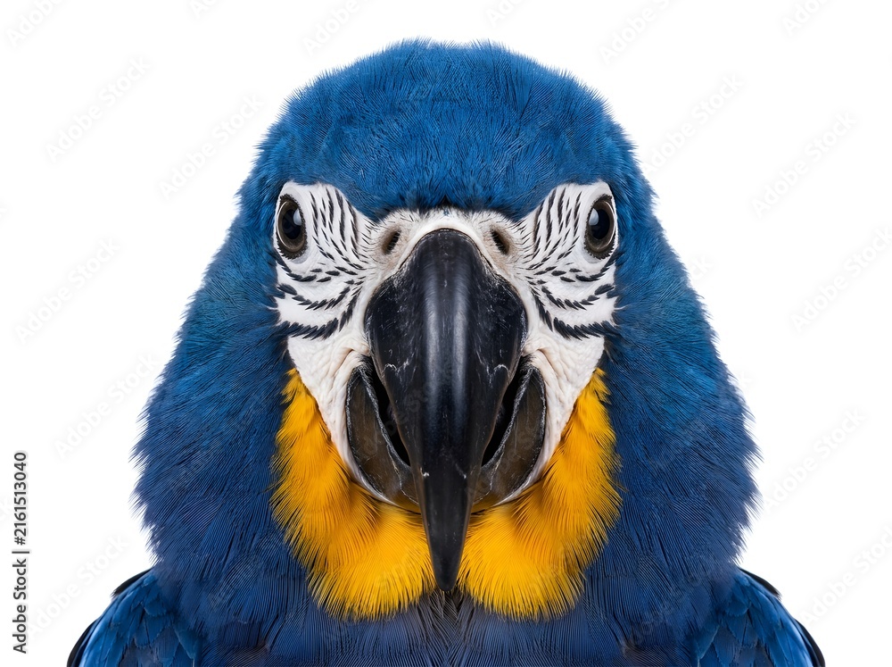 Fototapeta premium Close-up portrait of vibrant blue and yellow macaw parrot with striking feather details and intense gaze