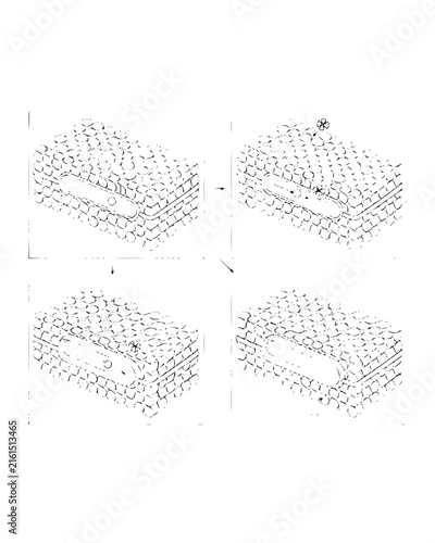 Technical line drawing showing a step by step process of modifying a textured block with an insert