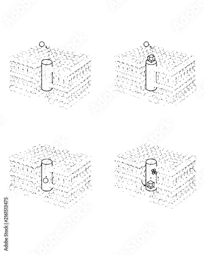 Technical scientific diagram showing four steps of a sampling or extraction process