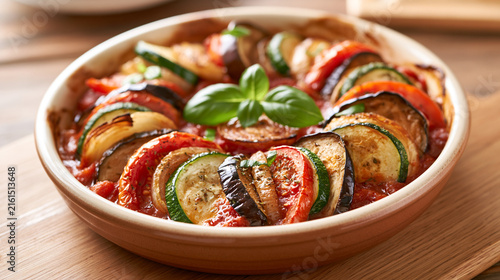 Spiral Pattern of Roasted Summer Produce in Tomato Sauce