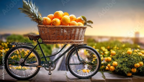 bicycle with basket of fresh oranges and lemons