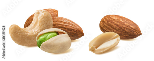 Cashew nut, pistachio, almond and peanut set isolated on white background. Real photography