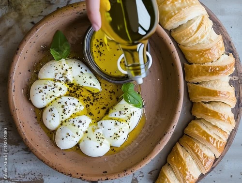 Sliced cheese with olive oil, herbs and spices with bread on rustic background