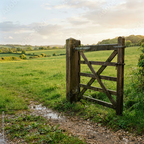 Wooden gate left ajar before rolling green pasture at a golden hour sunset