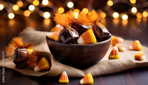 a rustic bowl of wrapped toffees and candy corn spilling onto linen practical string light bokeh behind the subject deep plum black and antique gold tones