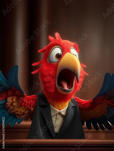 Anthropomorphic red parrot lawyer reacting with shock in courtroom