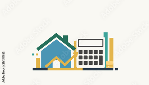 Financial concept illustration showing house icon with upward growth arrow next to calculator and gold coins representing real estate investment.