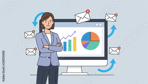 Professional email marketing and business communication concept showing woman with computer and message icons for successful corporate outreach.