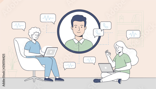 Telemedicine and remote healthcare consultation concept with medical professionals speaking via video call interface with health monitoring data.