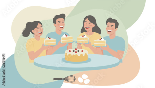 Four happy friends celebrate together at a round table while sharing a large frosted cake and holding individual slices during a joyful party.