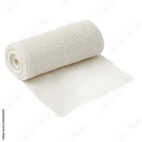 Konstfotografi Single white rolled medical gauze bandage, partially unrolled, with a textured w